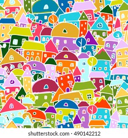Colorful city, seamless pattern for your design. Vector illustration