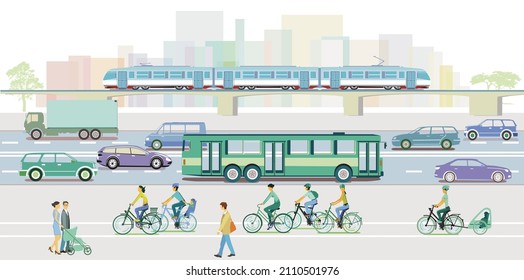 colorful city silhouette with cyclists, pedestrians and road traffic, illustration
