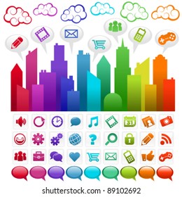 Colorful city with social media icons and clouds