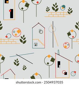 Colorful city. Stylized houses and plants on a light background. Vector.
