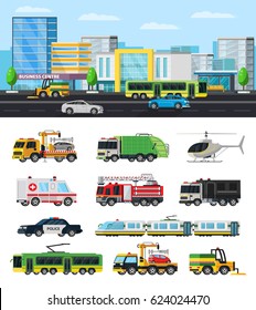 Colorful city transport collection with modern municipal vehicles cars trucks trolleybus tram helicopter sweeper isolated vector illustration 