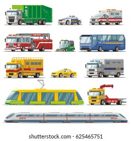 Colorful city transport set with garbage fire rescue trucks ambulance taxi police cars bus evacuator tram train isolated vector illustration