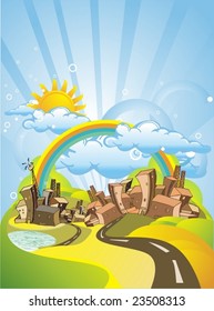 colorful city under the rainbow & sunshine,illustration