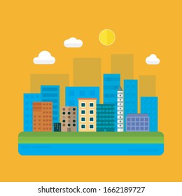 Colorful city vector illustration. Flat style - city landscape with buildings, abstract background for header images for websites, banners, covers.