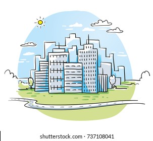 Colorful City View With Office Buildings Skyline, Cloudy Sky And Winding Road.Hand Drawn Cartoon Sketch Vector Illustration, Marker Style Coloring. 