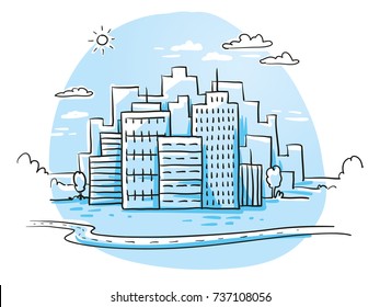 Colorful City View With Office Buildings Skyline, Cloudy Sky And Winding Road. Hand Drawn Cartoon Sketch Vector Illustration, Blue Marker Style Coloring. 