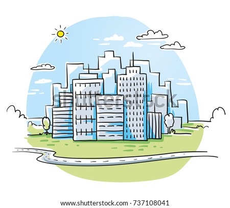 Colorful city view with office buildings skyline, cloudy sky and winding road.Hand drawn cartoon sketch vector illustration, marker style coloring. 