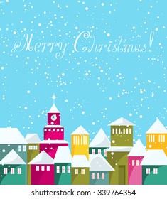 Colorful city and white snow at Merry Christmas card. Xmas poster with small snow-covered town at winter season of snowfall. Card for Christmas greetings. Vector file is EPS8.