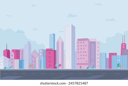 Colorful cityscape background, City buildings and trees at city view. Monochrome urban landscape with clouds in the sky. Modern architectural flat style