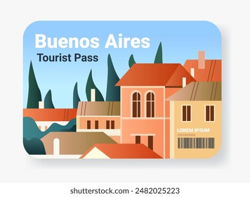 Colorful cityscape with buildings trees and blue sky in a minimalistic style