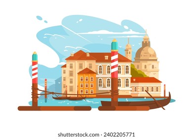 Farbiges Stadtbild am Wasser, Vektorgrafik. Eine lebhafte und lebhafte Szene aus Gebäuden, Polen und einem Boot auf dem blauen Wasser unter einem klaren Himmel.