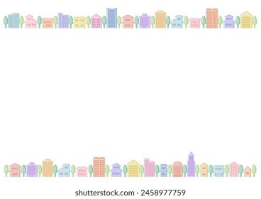 Colorful cityscape frame design. Vector illustration. Patterns of buildings such as houses, buildings, and commercial facilities. White background.