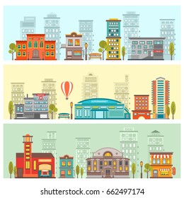 Colorful cityscape horizontal banners with buildings benches lanterns trees and air balloon vector illustration  