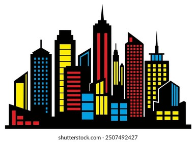 Colorful cityscape illustration with skyscrapers at night, featuring bright primary colors