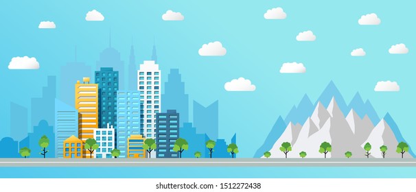 Colorful cityscape light background with city buildings trees road clouds and mountains landscape. Vector illustration