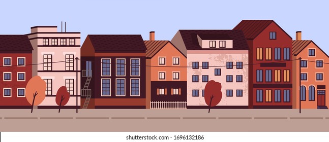 Colorful cityscape with modern residential buildings. Suburban area horizontal panoramic banner. Urban street landscape with living houses facades. Vector illustration in flat cartoon style