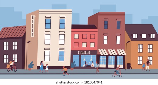 Paisaje urbano colorido con restaurantes y edificios de hotel. Gente caminando por la calle de la ciudad. Área urbana del centro con arquitectura comercial y residencial. Ilustración vectorial en estilo de dibujos animados planos