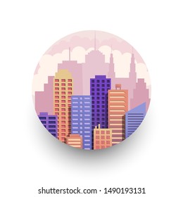 Colorful cityscape round template with modern high buildings city silhouette and clouds. Isolated vector illustration