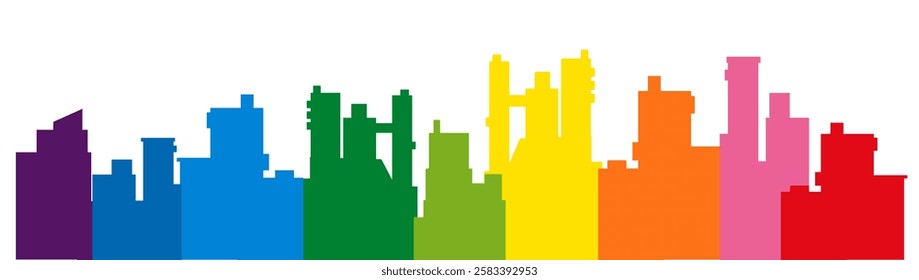 Colorful cityscape showcasing modern buildings in vibrant rainbow hues, representing diversity and urban development