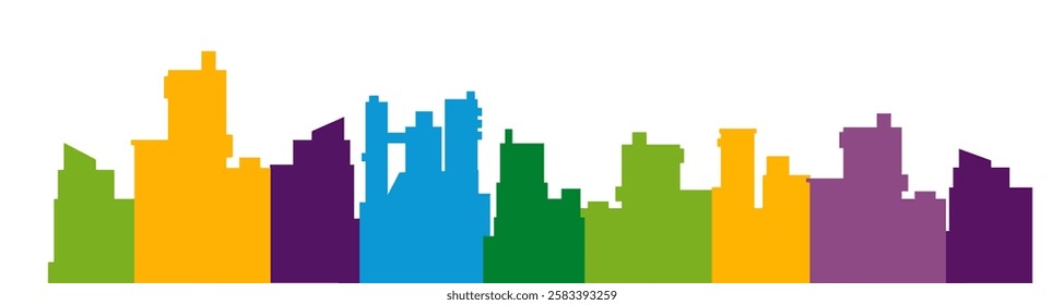 Colorful cityscape showcasing modern buildings in vibrant rainbow hues, representing diversity and urban development