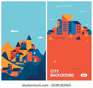 Colorful cityscape templates. City houses. City landscape with brightly colored houses. Summer panorama. Minimal landscape. Architecture vector flat design.