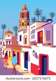 Colorful cityscape with traditional houses, churches and palm trees. Handmade drawing vector illustration.