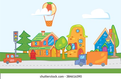 Colorful cityscape with truck, air balloon, modern houses, countryside with calm and happy life.