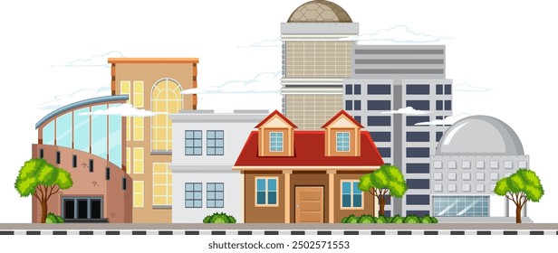 Colorful cityscape with various architectural styles