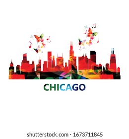 Colorida vista del paisaje urbano de la ilustración vectorial de Chicago. Información sobre turismo y afiches de viajes. Famoso diseño de monumentos en el horizonte de Chicago para banner web, tarjeta, folleto, material de promoción