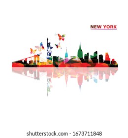 Colorful cityscape view of New York vector illustration. Tourism and travel poster background. Famous New York skyline landmarks design for web banner, card, brochure, promotion material