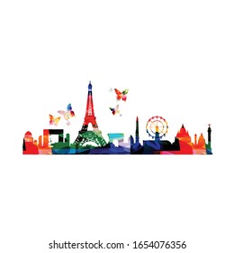 Colorful cityscape view of Paris vector illustration. Tourism and travel poster background. Famous Paris skyline landmarks design for web banner, card, brochure, promotion material