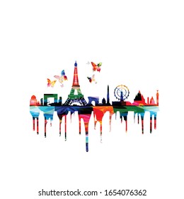 Colorful cityscape view of Paris vector illustration. Tourism and travel poster background. Famous Paris skyline landmarks design for web banner, card, brochure, promotion material