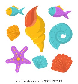 Coloridas colecciones de conchas y peces de almejas, diseño plano sencillo, aislado en fondo blanco