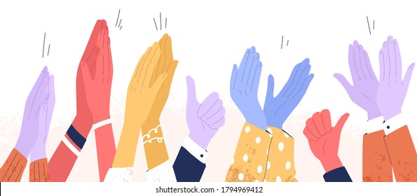 Colorful clapping hands or diverse applauding people. Public multinational audience demonstrate greeting and cheering. Happy ovation and thumbs up. Flat vector cartoon illustration isolated on white