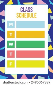 Colorful class schedule poster for classroom, daily subject schedule planning template vector 