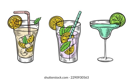 Colorful classic cocktails set cartoon style outline vector art illustration isolated on white background.