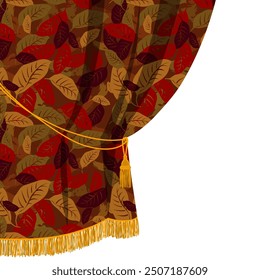 Colorful classic curtain with a multicolored decorative ornament of autumn fallen leaves, and fringe and tassel, isolated on white. Vector illustration