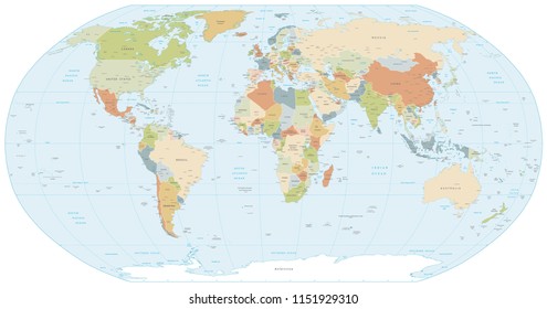 Colorful Classic Robinson projection vector map of the World, cleverly layered and with names of all countries, capitals and main cities, main geographical features. 