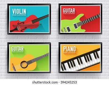 Colorful classical musical instruments background. Music instruments flat icons