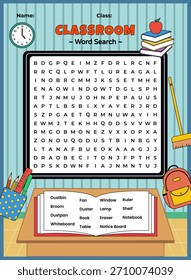 Búsqueda de palabras divertida y de Alta resolución diseñada para que los niños aprendan e identifiquen los suministros del aula. Perfecto para la actividad imprimible de regreso a la escuela.
