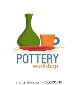 Colorful clay dishes with textured shadow on white background. Handcrafted pottery store banner. Handmade ceramics vector illustration. Pottery workshop logo.