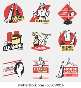 Colorful cleaning company logotypes with maid and washing tools in vintage style isolated vector illustration