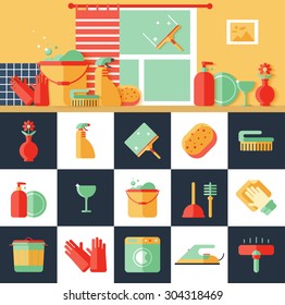 Colorful cleaning icon vector set. Flat design style.