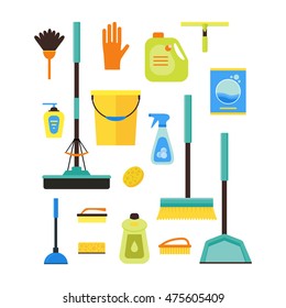 Colorful Cleaning Kit Icon Set. Flat Design Style. Vector Illustration. House And Office Clean Icons. Professional Cleaner Service Company Concept.