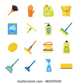 Colorful Cleaning Kit Icon Set. Flat Design Style. Vector Illustration. House And Office Clean Icons. Professional Cleaner Service Company Concept.