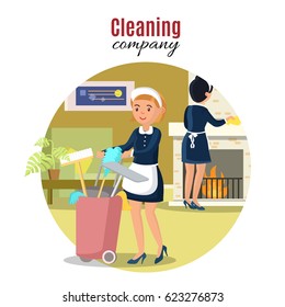 Colorful cleaning service concept with maids household equipment and tools at living room vector illustration