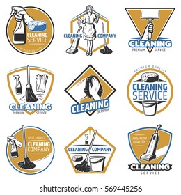 Colorful Cleaning Service Labels For Companies And Organizations With Washing Equipment In Vintage Style Isolated Vector Illustration 