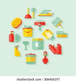Colorful cleaning service vector flat icons set. Flat design style. Vector isolated illustration