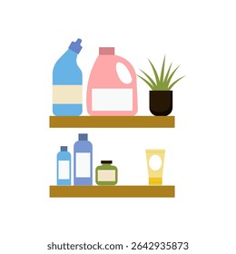 Colorful cleaning supplies and skincare products arranged on wooden shelves