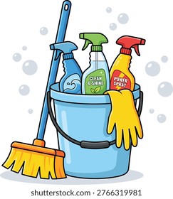Colorful cleaning tools in a bucket including broom mop sprays and gloves